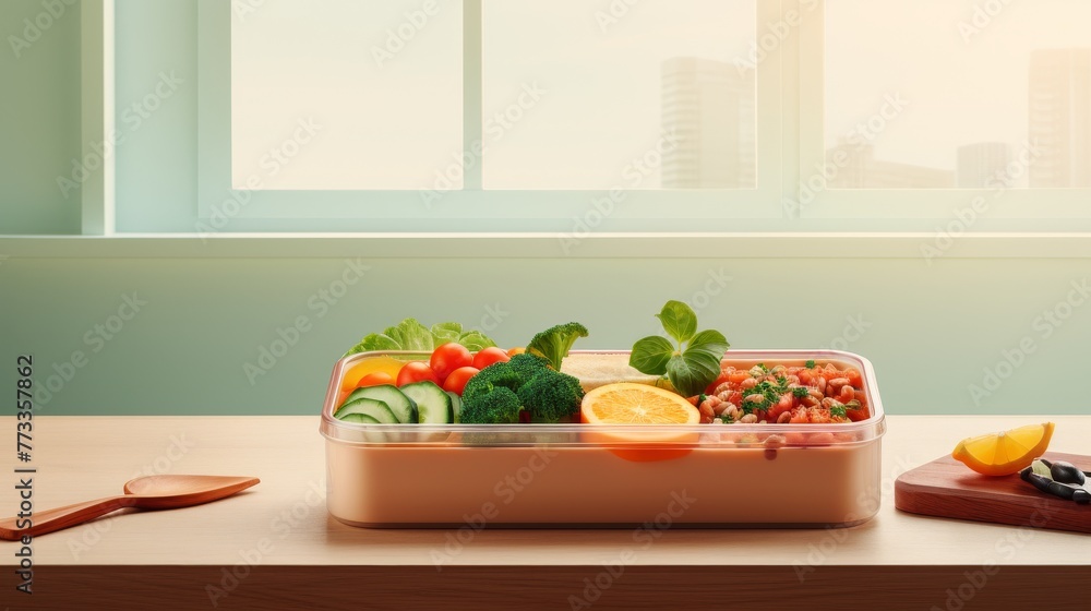 Healthy Food: A balanced lunch box resting on the table Healthy Food: A balanced lunch box resting on the table
