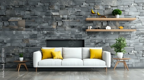 Contemporary living room interior design featuring a loft. In front of a grey and stone cladding wall with a wooden shelf and fireplace is a white sofa with yellow pillows. photo