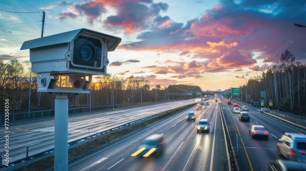 On the Ring Road, a speed camera monitors traffic, enforcing safety measures for highway compliance. Invest in road safety. - obrazy, fototapety, plakaty 