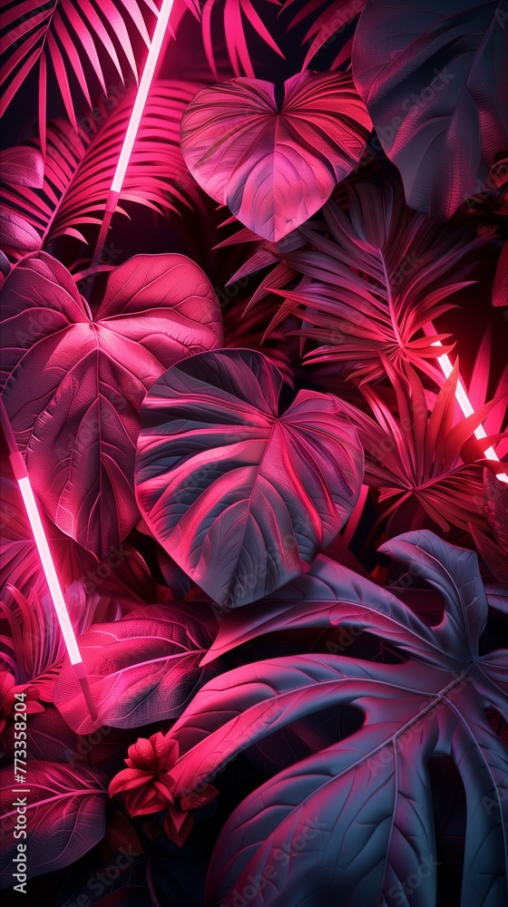 Dark tropical palm leaves and flowers with neon lighting and highlights. Dark tropical palm leaves and flowers with neon lighting and highlights.