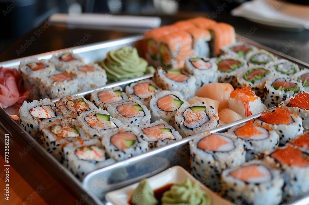 Sets of sushi and rolls on a tray with wasabi and soy sauce Sets of sushi and rolls on a tray with wasabi and soy sauce