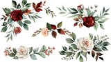 A collection of watercolor floral wreath border bouquet frames with green leaves