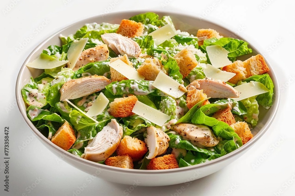 Caesar salad, chicken pieces, croutons, parmesan and dressing
