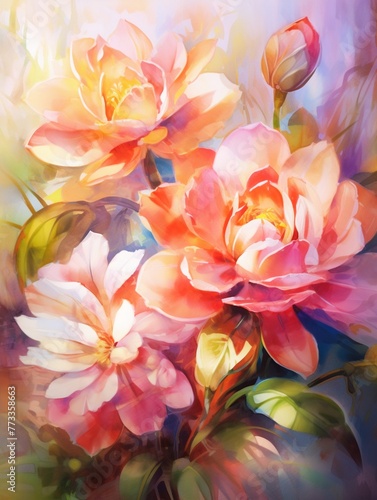 Fluttering wings, vibrant blooms, close focus, morning light, dynamic, vivid palettewatercolor tone, pastel, 3D Animator