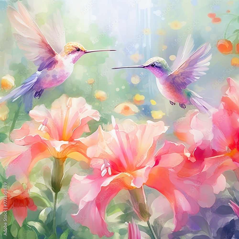 Hummingbirds in garden, variety of flowers, wide shot, sunny day, active, rich palettewatercolor tone, pastel, 3D Animator