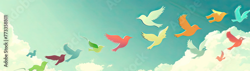 Flock of cartoon birds carrying a banner across the sky, space for inspirational quotes photo