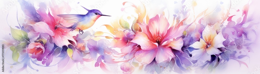 Multiple hummingbirds, floral setting, medium angle, daylight, bustling scene, colorful backdropwatercolor tone, pastel, 3D Animator