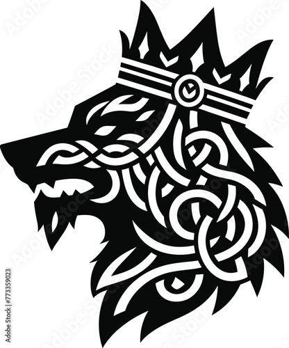 Vector illustration of a wolf head with Crown. Wolf King tattoo Celtic style.  Scandinavian Viking symbol of the wolf, tribal northern culture tattoo.