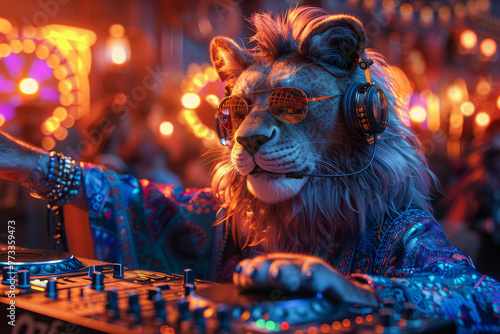 Cool neon party dj lion in headphones and sunglasses