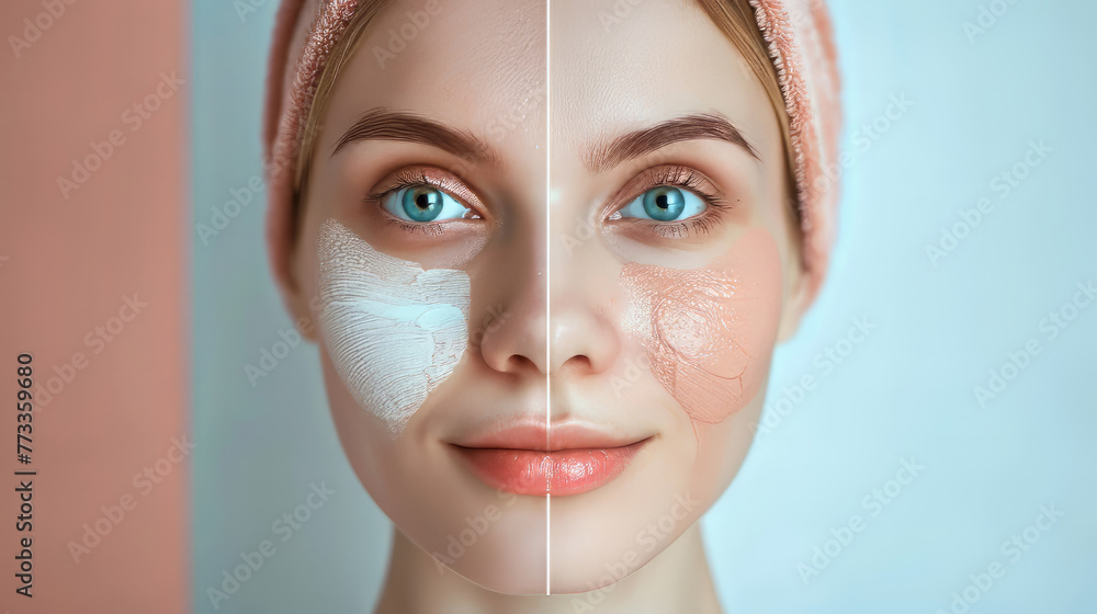 A woman with a white and pink face paint. The woman is smiling and looking at the camera. patient divided between before and after the aesthetic procedure in light background, skin care A woman with a white and pink face paint. The woman is smiling and looking at the camera. patient divided between before and after the aesthetic procedure in light background, skin care