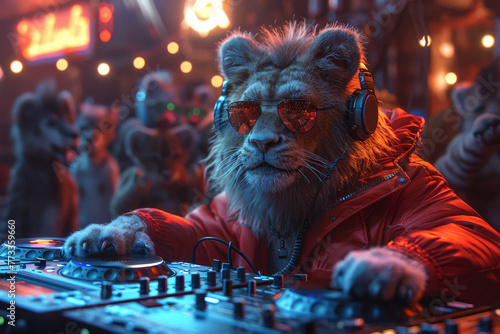 Cool neon party dj lion in headphones and sunglasses