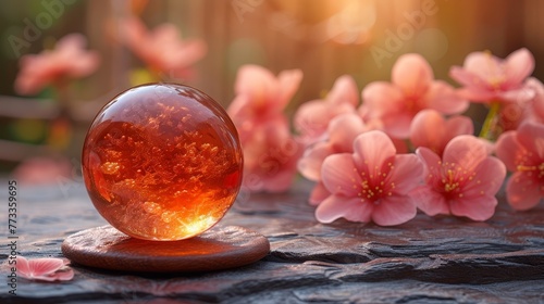   A tight shot of a glass orb on a table  surrounded by flowers in the backdrop  with a bench in the foreground