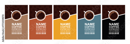 Vector set of coffee bean labels. Coffee bean labels with coffee cup and barcode on different color backgrounds, magazine cover or for menu in coffee shop