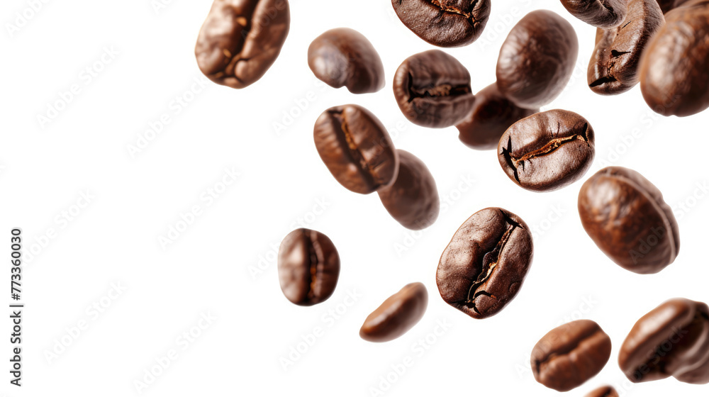 Flying roasted coffee beans isolated on white background with free place for text. Banner for restaurants, cafe, menu design Flying roasted coffee beans isolated on white background with free place for text. Banner for restaurants, cafe, menu design