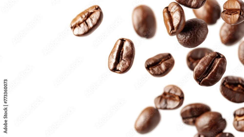 Flying roasted coffee beans isolated on white background with free place for text. Banner for restaurants, cafe, menu design Flying roasted coffee beans isolated on white background with free place for text. Banner for restaurants, cafe, menu design
