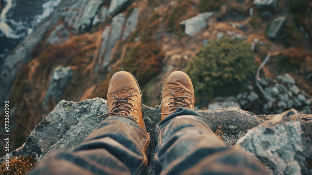 Feet in hiking boots on a mountain cliff overlooking a beautiful cliff and sea. Feet in hiking boots on a mountain cliff overlooking a beautiful cliff and sea.
