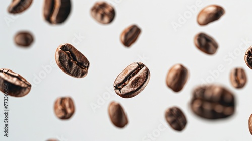 Flying roasted coffee beans isolated on white background. Banner for restaurants, cafe, menu design