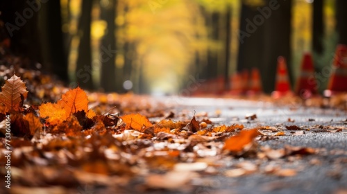 Autumn leaves gather around a roadblock in a forest
