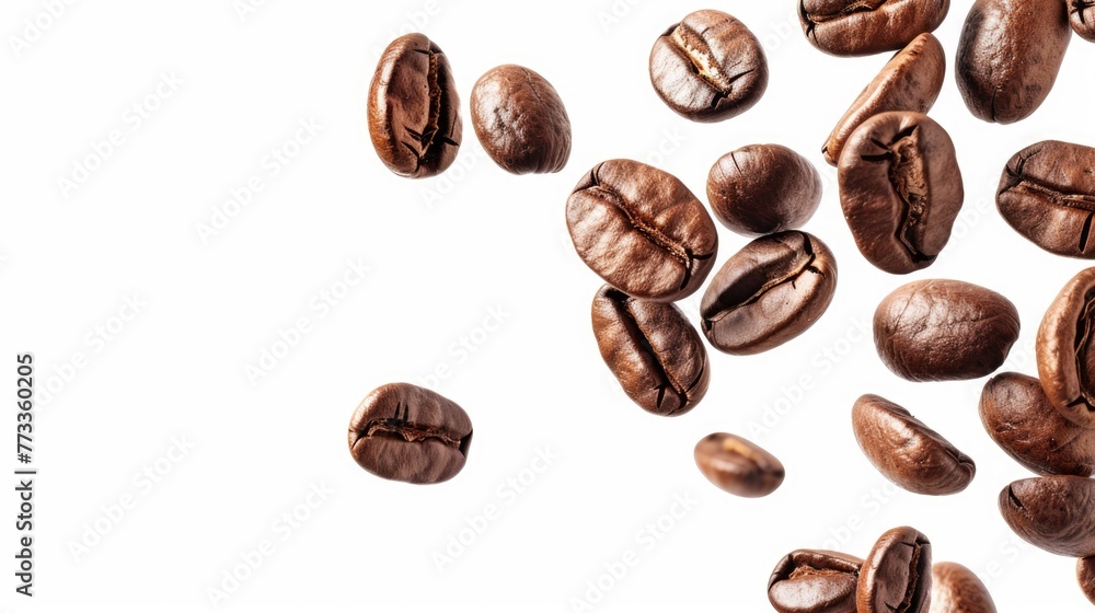 Naklejka premium Flying roasted coffee beans isolated on white background with free place for text. Banner for restaurants, cafe, menu design