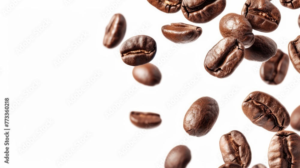 Flying roasted coffee beans isolated on white background with free place for text. Banner for restaurants, cafe, menu design Flying roasted coffee beans isolated on white background with free place for text. Banner for restaurants, cafe, menu design
