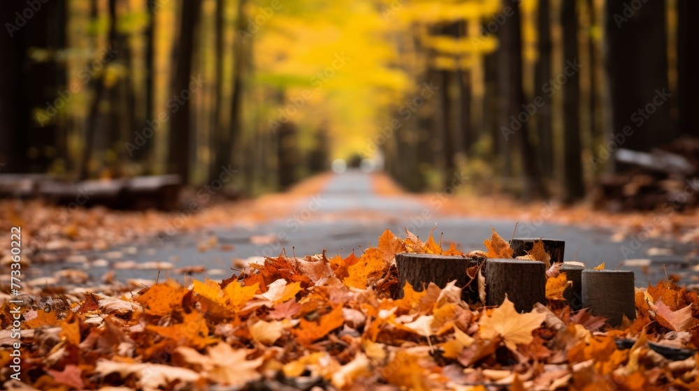 Autumn leaves gather around a roadblock in a forest