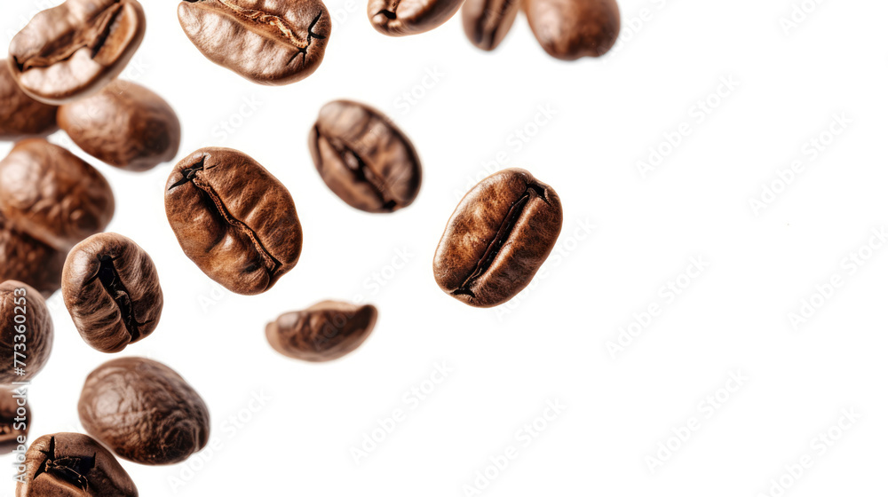 Flying roasted coffee beans isolated on white background with free place for text. Banner for restaurants, cafe, menu design Flying roasted coffee beans isolated on white background with free place for text. Banner for restaurants, cafe, menu design