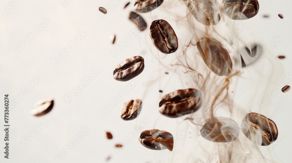 Flying roasted coffee beans with smoke isolated on white background with free place for text. Banner for restaurants, cafe, menu design Flying roasted coffee beans with smoke isolated on white background with free place for text. Banner for restaurants, cafe, menu design