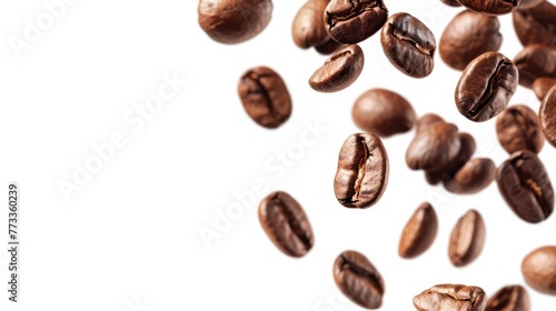 Flying roasted coffee beans isolated on white background with free place for text. Banner for restaurants, cafe, menu design