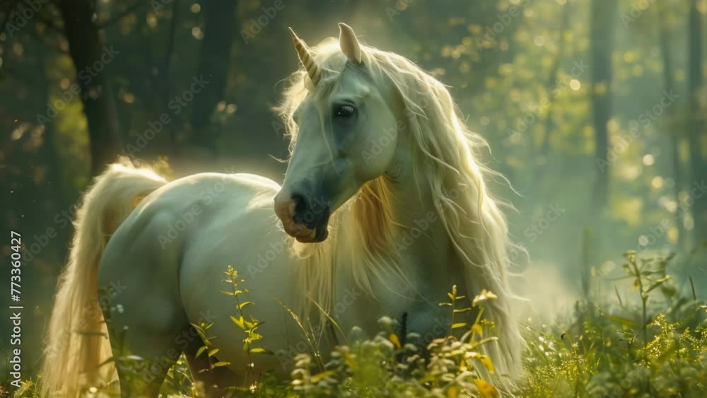 Beautiful white unicorn walks through forest. Magical animal from fairy tale. Magic creature with horn. Mystical wild horse from children fairytale. Green wood. Cute fantastical art illustration. Beautiful white unicorn walks through forest. Magical animal from fairy tale. Magic creature with horn. Mystical wild horse from children fairytale. Green wood. Cute fantastical art illustration.