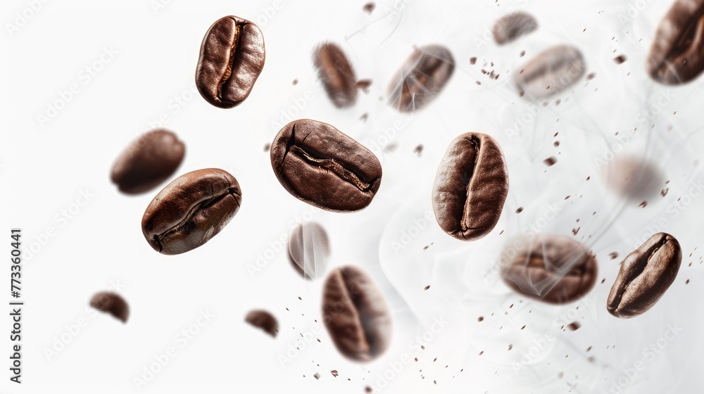 Flying roasted coffee beans with smoke isolated on white background. Banner for restaurants, cafe, menu design Flying roasted coffee beans with smoke isolated on white background. Banner for restaurants, cafe, menu design