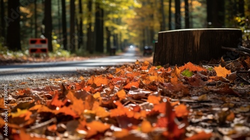 Autumn leaves gather around a roadblock in a forest