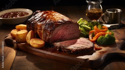 Beef rib roast with yorkshire puddings and vegetables photo
