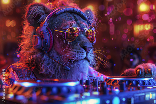 Cool neon party dj lion in headphones and sunglasses
