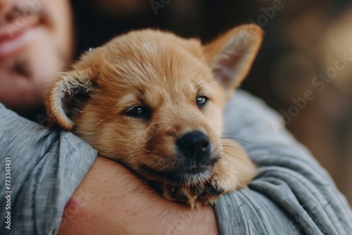 cute little puppy dog getting hugged  photo