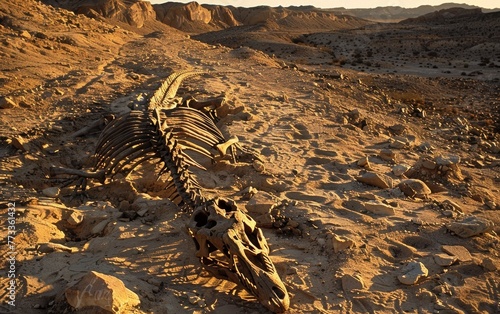 As dusk settles over the desert  the remnants of a prehistoric creature lie exposed after a meticulous archaeological excavation.