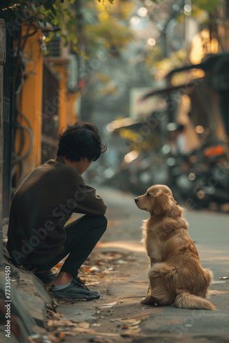 boy sitting with his dog on the street