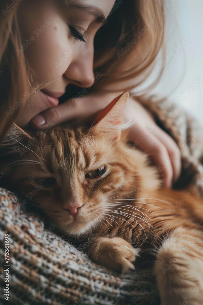 woman with orange cat woman with orange cat