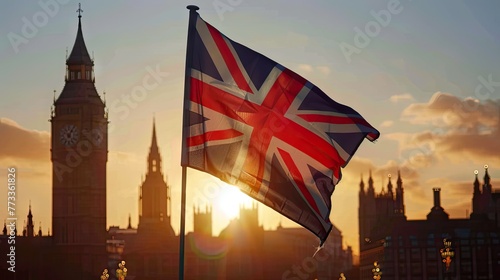 Against London's skyline, the Union Jack waves in front of historic landmarks, epitomizing British heritage and unity. Invest in national identity.