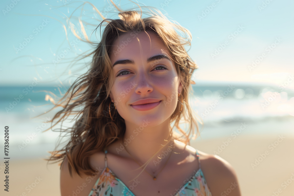 Sunkissed Young Woman Enjoying the Beach Breeze. A young woman with a serene expression enjoys the gentle sea breeze, her hair tousled by the wind, with a backdrop of the sunlit beach. Sunkissed Young Woman Enjoying the Beach Breeze. A young woman with a serene expression enjoys the gentle sea breeze, her hair tousled by the wind, with a backdrop of the sunlit beach.