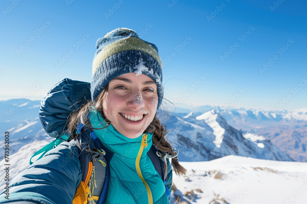 Summit Smiles: Adventurous Soul Conquers the Mountain. Exhilarated female hiker enjoys the success of a snowy summit.