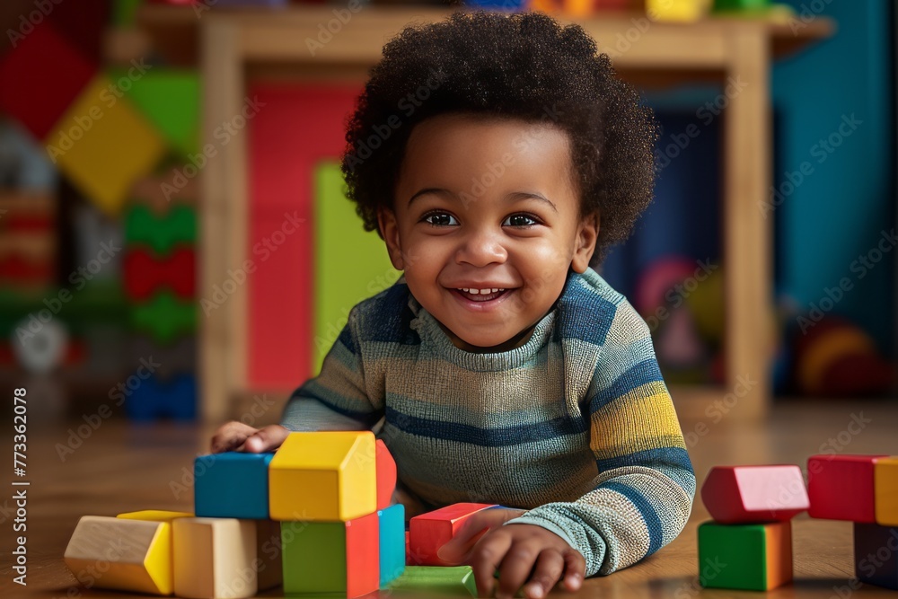 Fototapeta premium Happy toddler playing with blocks