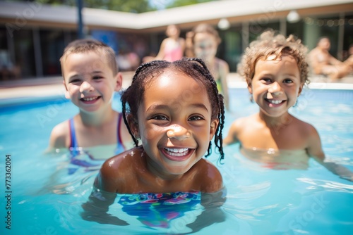Children smiling in a swimming pool