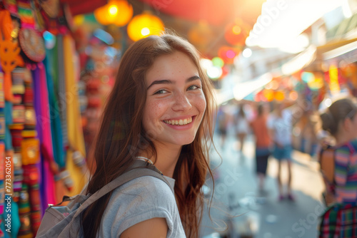 Market Wanderlust: Young Explorer's Joyful Discovery. A bright-eyed young woman grins, immersed in the vibrant market scene.