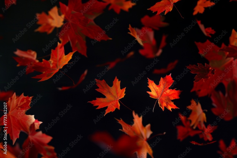 Autumn falling red and orange maple leaves on a black background Abstract motion blurred fall foliage flying in the air Generative AI Autumn falling red and orange maple leaves on a black background Abstract motion blurred fall foliage flying in the air Generative AI