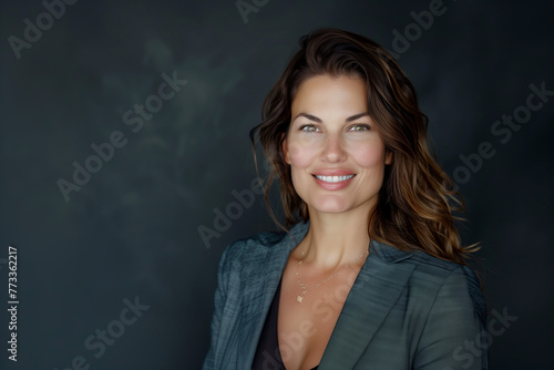 Confident Professional Woman's Portrait. A poised woman in her 30s exudes confidence and warmth in a professional headshot, set against a dark backdrop with soft lighting