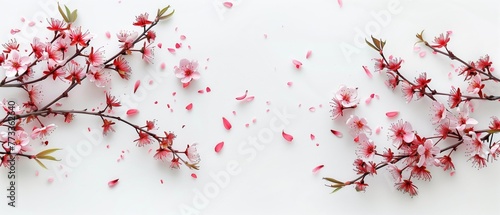 A cherry blossom tree branch with pink and white flowers is beautifully displayed on a white background, showcasing the delicate petals and intricate twig pattern