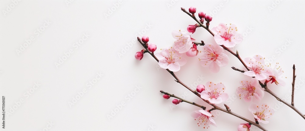 Fototapeta premium A beautiful branch of cherry blossoms, symbolizing spring and new beginnings, displayed against a serene white background