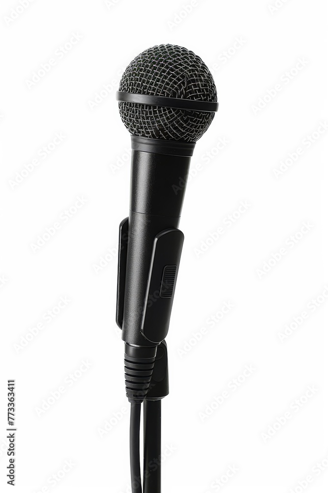A sleek black microphone isolated on a white background, perfect for podcasts, music recording, and broadcasting A sleek black microphone isolated on a white background, perfect for podcasts, music recording, and broadcasting