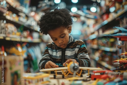 Young Boy Playing With Toy Airplane in Toy Store photo