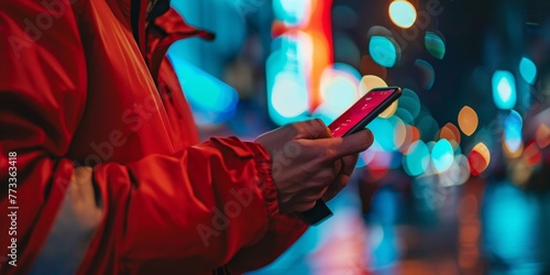 man with a phone on the street on a blurred background in bokeh circles Generative AI
